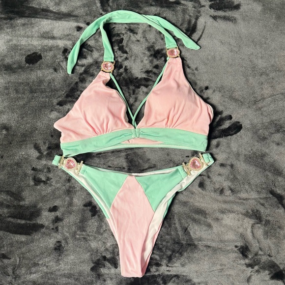 LIGHT PINK MINT RHINESTONE GEM STRAPPY CHEEKY 2PC SWIMSUIT BIKIN - Picture 4 of 9